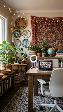 Interior of a home office with a lot of plants and furnitureの写真素材