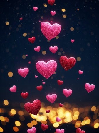 Valentine's day background with flying red hearts and bokeh lights