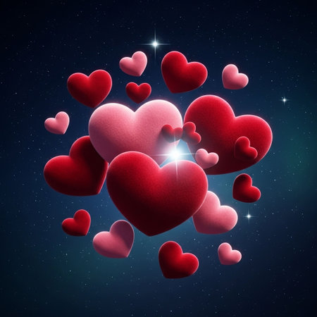Red hearts on a starry sky background. 3D illustration.