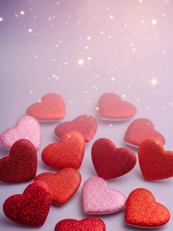 Valentine's day background with red hearts and sparkles.の写真素材