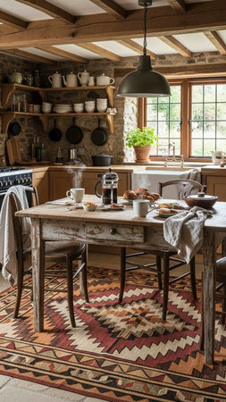 Interior of a rustic country house, kitchen and dining roomの写真素材
