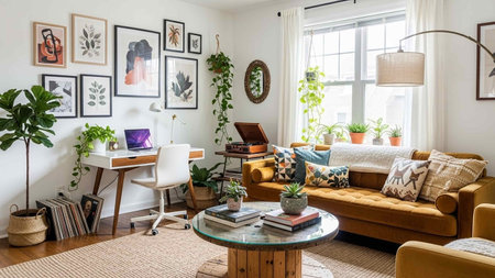 Interior of a living room with sofa, coffee table and plantsの写真素材