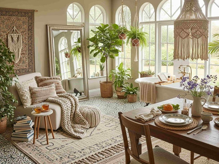 Elegant living room interior with a large window overlooking the gardenの写真素材