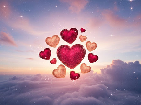 Hearts against purple and blue sky over clouds in the clouds 3dの写真素材