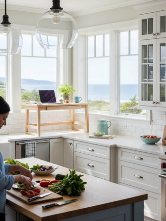 Woman preparing salad in kitchen at homeの写真素材