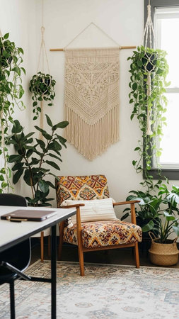 Interior design of living room with sofa, armchair, table and plantsの写真素材