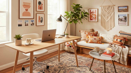 Interior of a modern living room with a laptop, coffee table and plantsの写真素材