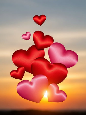 Valentine's day background with hearts on the sunset sky.の写真素材