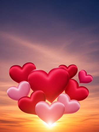 Valentine's day background with red and pink hearts on skyの写真素材