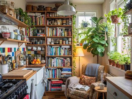 Cabinet in the living room of an old house with a bookcase, a coffee table and a green plantの写真素材