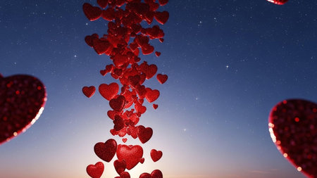 Red hearts fly in the night sky. Valentine's day. 3D renderingの写真素材