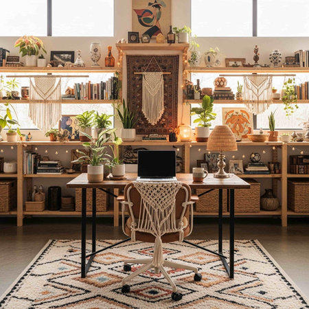Laptop on a desk in a modern home office with plants and decorationsの写真素材