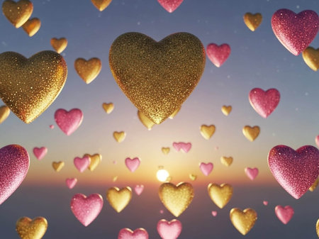 Valentine's day background with hearts and sunset. 3d renderingの写真素材