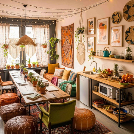 Interior of a modern living room with wooden furniture and plants.の写真素材