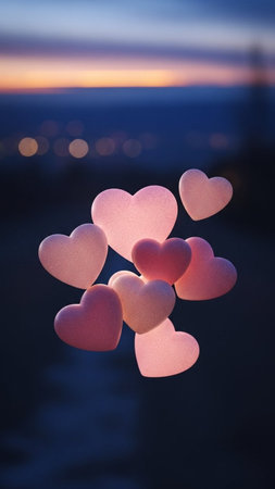 Pink hearts on the background of the evening sky and the sea.の写真素材