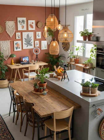 Interior of a modern kitchen with plants in pots and wooden furnitureの写真素材
