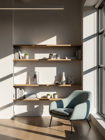 Interior of modern living room with white walls, wooden floor, comfortable blue armchair and bookcase. 3d renderingの写真素材