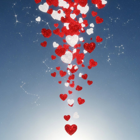 Valentine's day background with red and white hearts on blue skyの写真素材