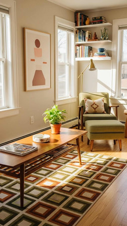 Interior of a living room with green armchair and coffee tableの写真素材