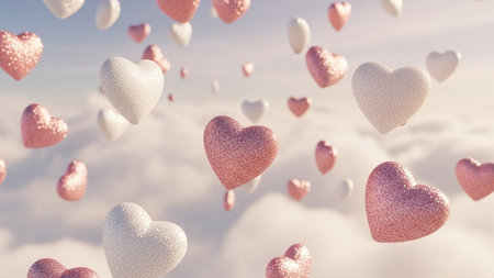 White and pink hearts flying in the blue sky. 3d renderingの写真素材