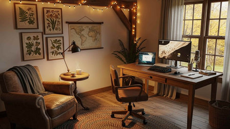 Interior of a modern home office. 3D render, 3D illustration.の写真素材