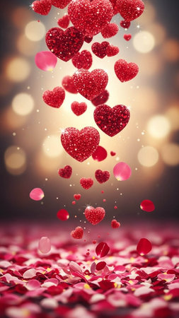 Valentine's day background with red hearts and bokeh lightsの写真素材