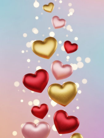 Valentine's day background with red and gold hearts and bokehの写真素材