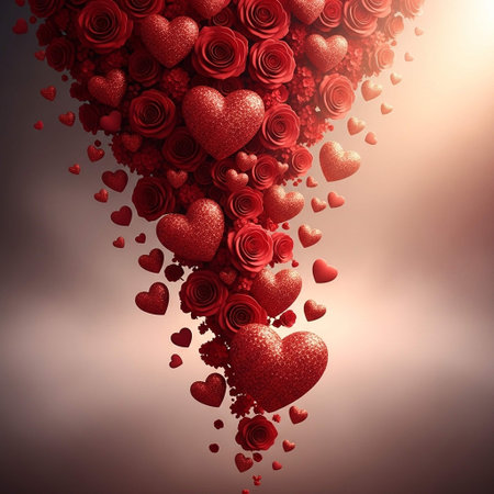 Valentines day background with red hearts and roses. 3D renderingの写真素材