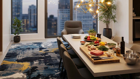 Dining room interior with table and chairs, top view. 3d renderingの写真素材