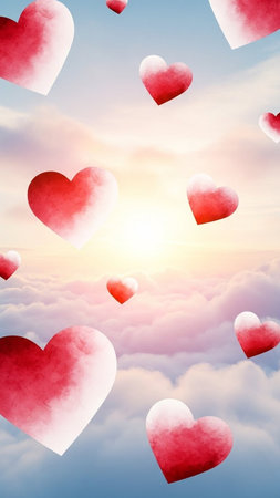 Valentine's day background with hearts on sky. Vector illustration.の写真素材