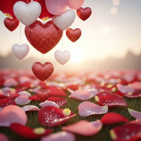 Valentine's day background with red and white hearts on grassの写真素材
