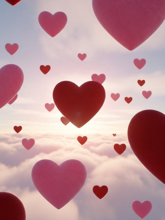 Valentine's day background with heart shape balloons over the cloudsの写真素材