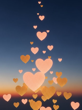 valentine's day background with hearts on gradient blue sky backgroundの写真素材