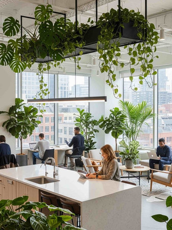 Interior of an office space with people aroundの写真素材