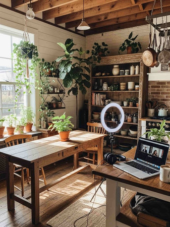 Vintage home office with laptop, coffee cup and plant on wooden tableの写真素材