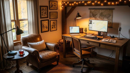 Interior of an old house with a computer desk and armchairの写真素材