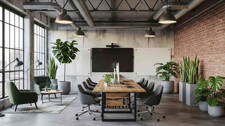 Modern meeting room interior with brick walls, concrete floor, long wooden table with chairs and blackboard. 3d rendering mock upの写真素材