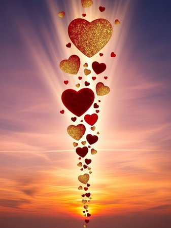 Valentine's day background with hearts and rays of light.の写真素材
