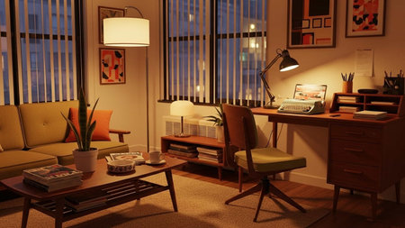 3D rendering of a home office in the evening with a view of the cityの写真素材