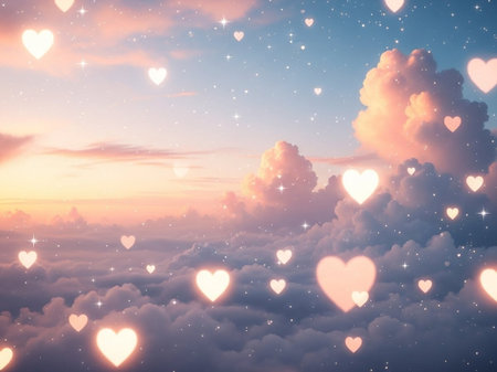 Heart bokeh background against scenic view of clouds in the skyの写真素材