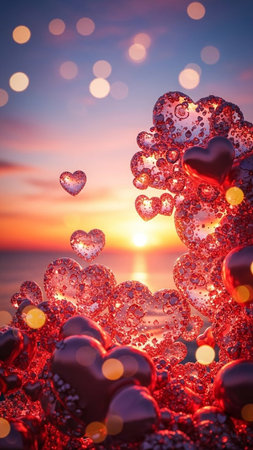 Red hearts on the background of the sea. Valentine's Day.の写真素材