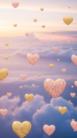 3D illustration of flying hearts in the sky. Valentine's day background.の写真素材