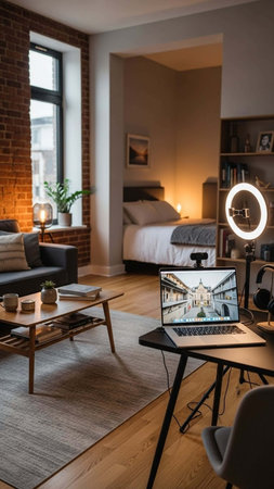 Laptop on table in living room with coffee table and lamp.の写真素材