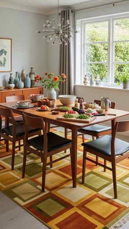 Luxury dining room with wooden table and chairs. Nobody insideの写真素材