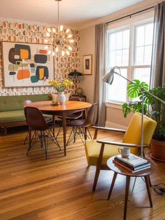 Interior of a modern dining room with a coffee table and chairsの写真素材