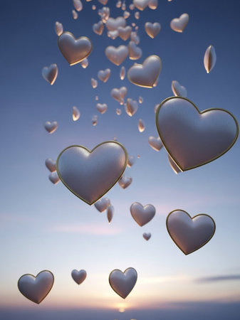 Hearts flying in the blue sky. Valentine's day background.の写真素材