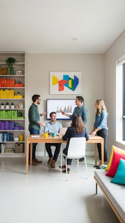 Group of happy young business people in a meeting at modern startup officeの写真素材