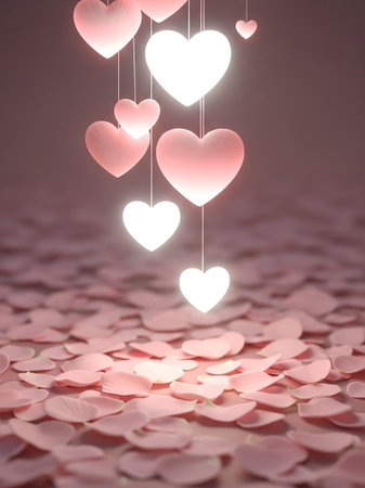 Valentine's day background with pink hearts and bokehの写真素材