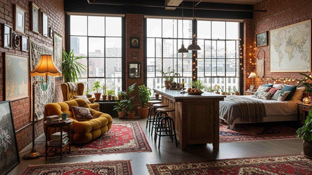 Luxury interior of a living room in a loft style with brick walls and wooden furnitureの写真素材