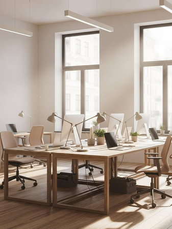 Corner of modern open space office with white walls, wooden floor, rows of computer tables with white chairs and wooden floor. 3d renderingの写真素材